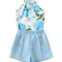 YOURUIKEY Cute Clothes for Girls Summer Outfits 2 Piece Clothing Set Light Blue Crop Top for Kids with Pockets Tween Shorts Set Size 9
