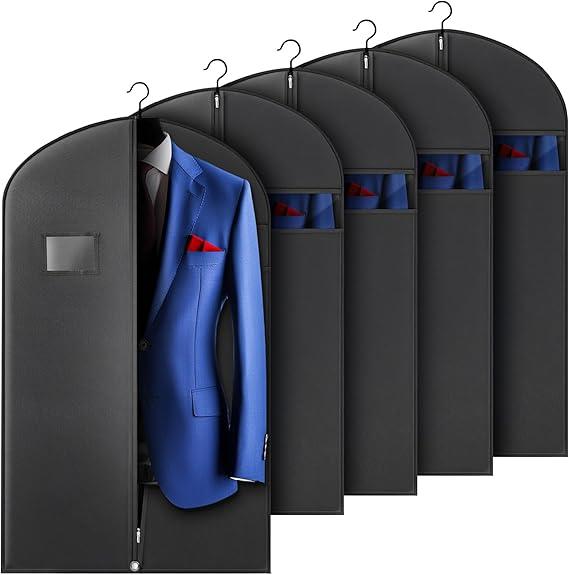 Hleelomi 5 Pack 40inch Suit Bag Garment Bag for Travel and Storage, Garment Bags for Hanging Clothes with Zipper and Visible Transparent Window, Black