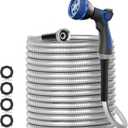 100ft 304 Stainless Steel Garden Hose Metal, Heavy Duty Water Pipe with Nozzles for Yard, Outdoor - Flexible, Never Kink & Tangle, Puncture Resistant (Sliver)