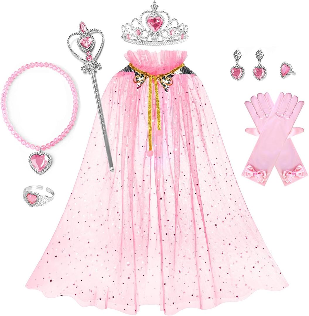 Tutu Dreams Princess Dress up Clothes for Girls, Mermaid Sequin Costumes Cape Set 10 Pcs for 3 4 5 6 7 8 Birthday Party Gift (One Size, Light Pink)