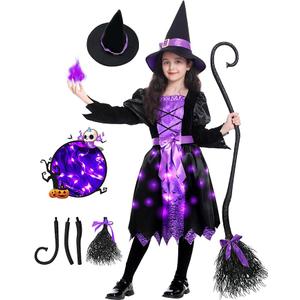 Light Up Halloween Girls Witch Costume, Toddler Witch Dress Set with Hat and Broom, Kids Costumes for Halloween Party