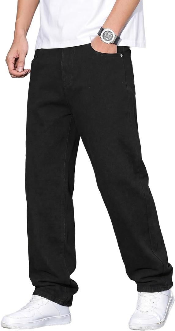JMIERR Mens Baggy Jeans Stretch Casual Loose Fit Jeans Streetwear Denim Pants (Black, M)