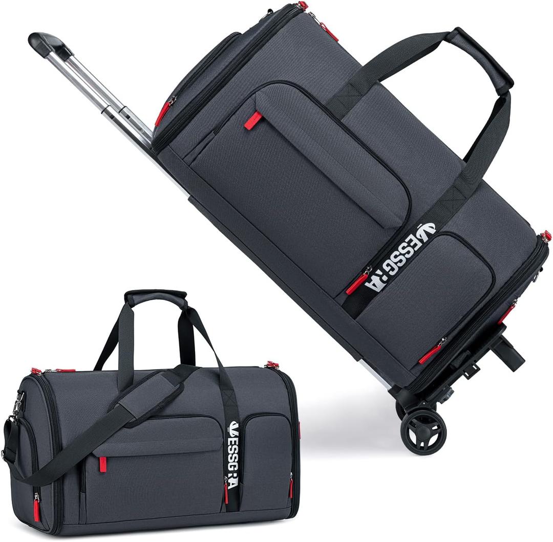 Vessgra Rolling Garment Bags for Travel, Garment Bag with Wheels, Convertible Garment Duffel bag, Carry On Garment Bag with Shoe Pouch, Rolling Duffel Bag with Detachable Trolley System-Dark Grey, 51’’