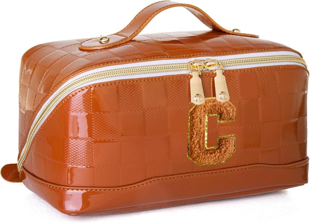 Initial Makeup Bag Large Capacity Travel Cosmetic Bag for Women PU Leather Open Flat Toiletry Bag with Handle and Divider Personalized Gifts for Women (Brown C)