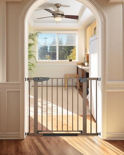 Cumbor 29.7-40.6" Baby Gate for Stairs, Mom's Choice Awards Winner-Dog Gate for Doorways, Pressure Mounted Auto-Close Pet Gates for Dogs Indoor, Safety Child Gate with Easy Walk Thru Door, Brown