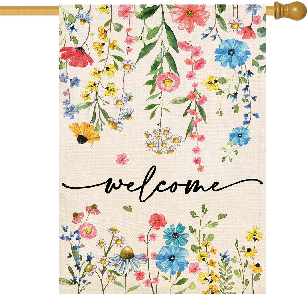 Baccessor Spring Summer Welcome Floral House Flag 28x40 Inch Double Sided Large Yard Flag Outside Outdoor Seasonal Burlap Flowers Flags Home Patio Decoration