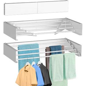 FOCHIER F Laundry Drying Rack Wall Mounted Clothes Drying Rack Collapsible with 4 Aluminum Rods and Drilling Template Long Screwdriver Bit 60 lbs Capacity (White, 23.6")