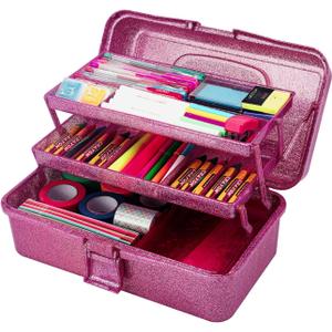 Glitter Purple 3 Layer Craft Storage Box, Purple Tackle Box Organizer for Craft Tool, Cosmetic Organizer for Girls (Pink)