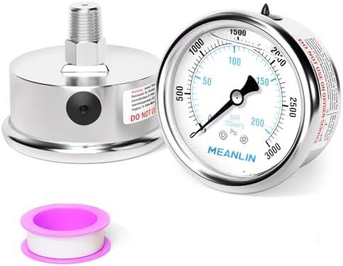MEANLIN MEASURE 0~3000Psi Liquid Filled Pressure Gauge Stainless Steel with 316 Stainless Steel Joint 1/4" NPT 2.5" FACE DIAL for WOG Water Oil Air Center Back Mount