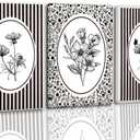 3 Pcs Vintage Floral Canvas Wall Art Bathroom Wall Painting Black And White Stripe Cottage Wildflower Poster Print Rustic Farmhouse Wall Decor for Bedroom Bathroom Living Room Office Kitchen 16*24In (Stretched Canvas On A Wooden Frame)