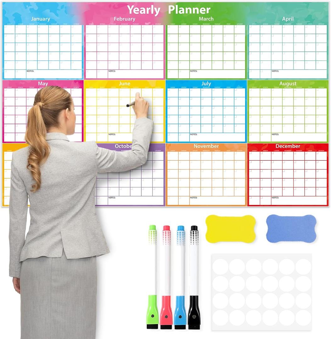 Large Dry Erase Calendar for Wall 12 Month Wall Undated Laminated Whiteboard Calendar 59" x 37" Blank Monthly Planner Reusable Yearly Wall Calendar Task Organizer for Office School Home (Fold Package)
