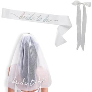 JoyChoi Bachelorette Party Accessories for Bride Bride Sash, Veil & Bow Hair Clip Cute Bridal Shower Decorations, Wedding Outfit Add-Ons & Engagement Favors Gifts (White)