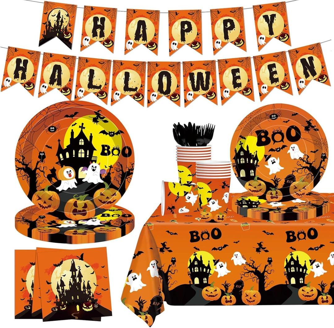 104Pcs Mouse Halloween Decorations, Happy Halloween Party Supplies Set Include Banner, Balloons, Tablecloth, Plates, Napkins, Cake Toppers and Cupcake Toppers for Horror Birthday Party Decorations