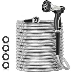 SPECILITE 25ft 304 Stainless Steel Garden Hose Metal, Heavy Duty Water Pipe with Nozzles for Yard, Outdoor - Flexible, Never Kink & Tangle, Puncture Resistant (Sliver)