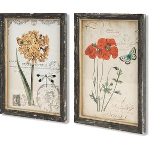 NIKKY HOME Vintage Botanical Wall Art Set of 2, Rustic Wooden Framed Floral Flower Plant Butterfly Pictures Prints Poster Decor for Bathroom Bedroom Living Room Kitchen Office, 13 x9 Inch