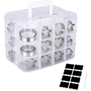 3 Tier Cookie Cutter Tool Storage Box,Cake Decorating Supplies Accessories Bins,Baking Storage Containers,Transparent Dustproof Lid,biscuits Cutter Organizer Storage & 8 Adjustable Compartment