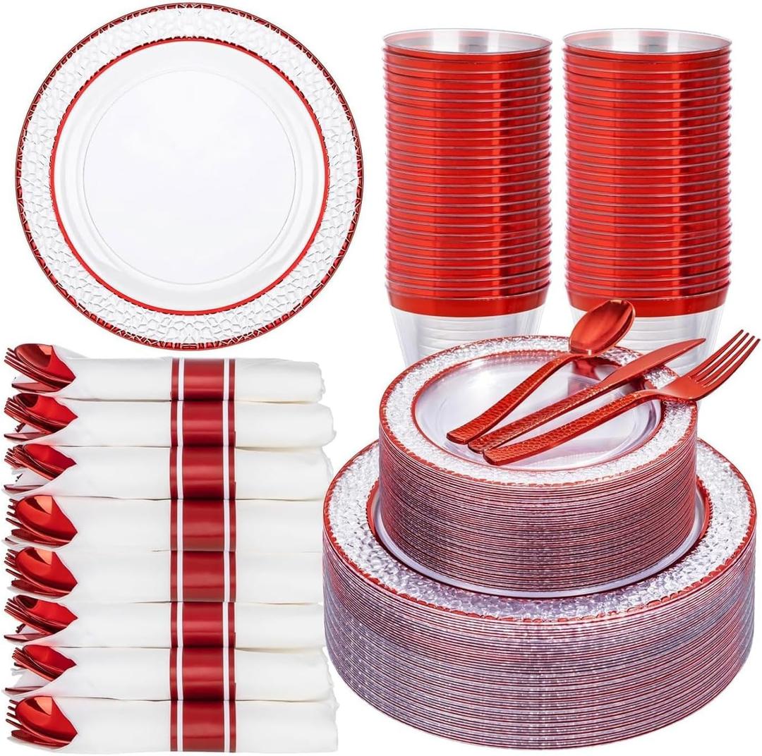 Ciaell 350 PCS Clear and Red Plastic Plates – Red Dinnerware Set for 50 Guests Include 100 Plastic Plates, 50 Pre Rolled Napkins with Cutlery Set, 50 Cups for Wedding & Party & Anniversary