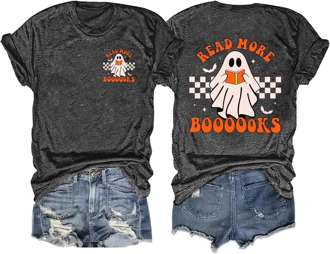 Teacher Halloween Shirt for Womens Read More Books Tshirt Spooky Ghost Shirts Graphic Tee Funny Cute Short Sleeve Tops (Small, Grey)