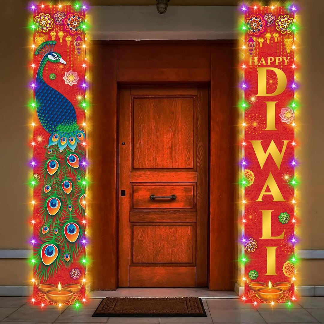 Diwali Party Decorations - Happy Diwali Door Banner Diwali Decoration for Home Deepavali Festival of Lights Banner Porch Hanging Sign for Indian Holiday Wall Doorway Decor, 11.8in70.9in