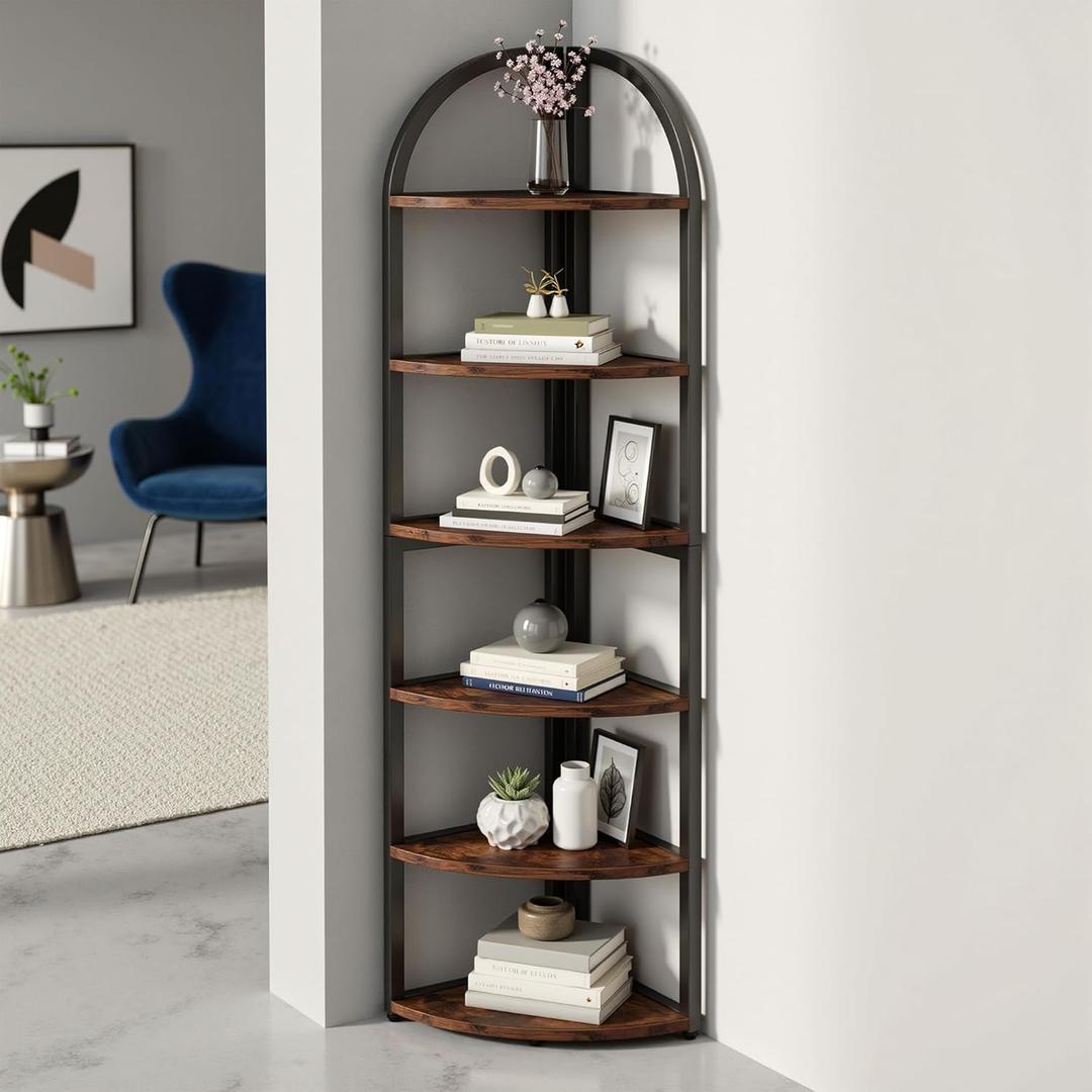 6-Tier Bookshelf with Shelves, 72" Tall Corner Bookcase Industrial Wood and Meatl Book Shelf Corner Bookshelf Storage Book Case for Living Room, Bedroom, Office, Brown & Black