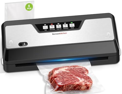 Bonsenkitchen Vacuum Sealer Machine, Built-in Cutter | Multifunctional Food Sealer for Sous Vide & Meal Prep, 5 Pre-Cut Bags, Black