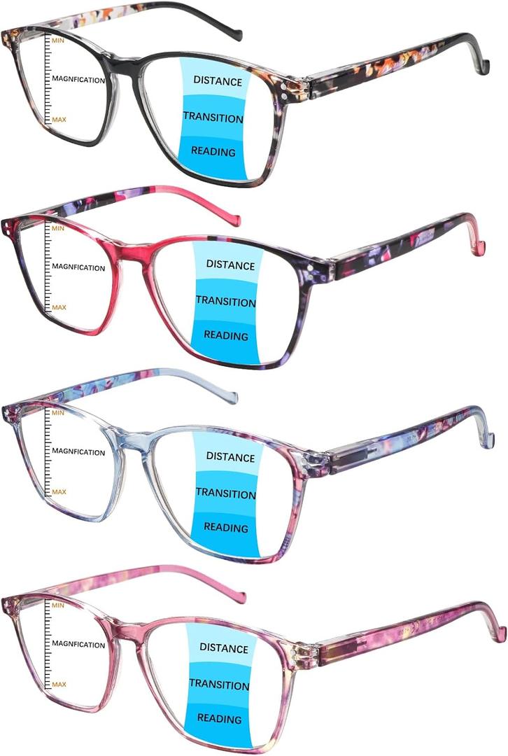 Progressive Multifocal Reading Glasses,4 Pack Blue Light Blocking for Women Spring Hinge Pattern Print Eyeglasses
