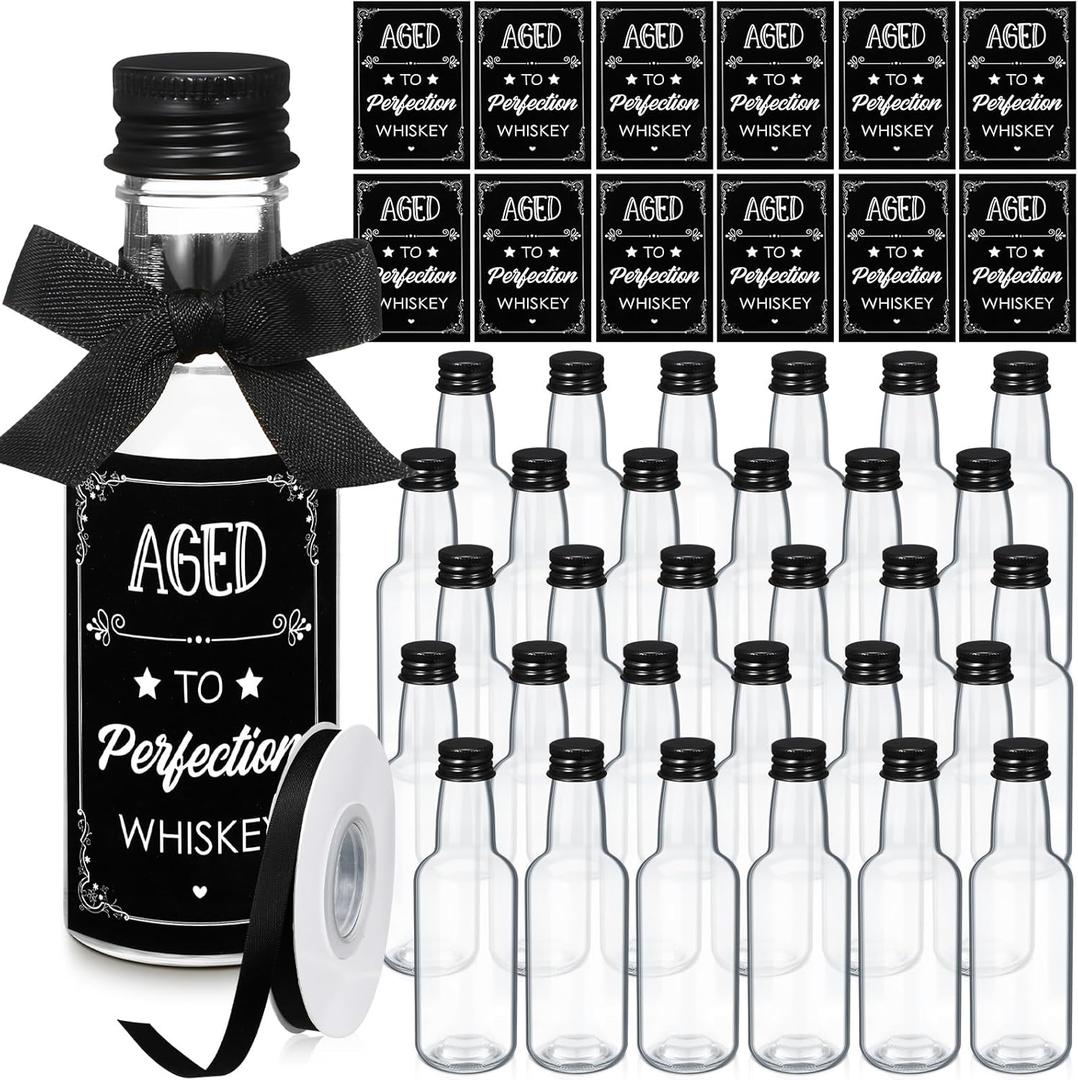 Jingmore 30 Pack 1.7oz Mini Liquor Bottles 50ml Plastic Alcohol Bottle with Cap, Labels, Ribbon for Party Supplies(Birthday, Black)
