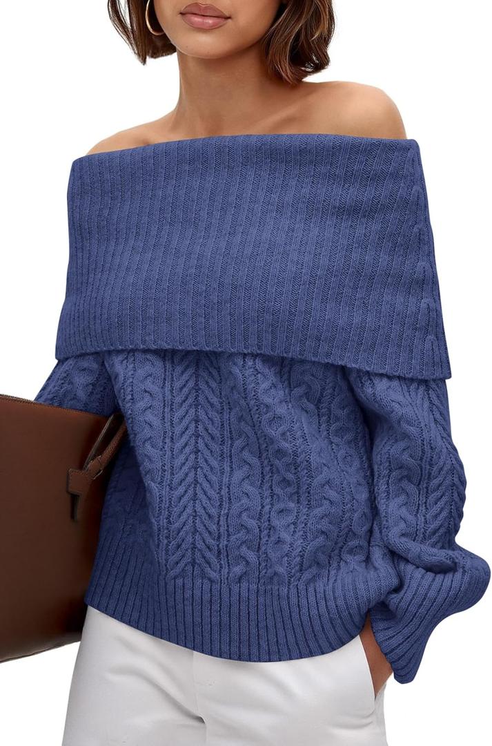 MASCOMODA Womens Sweaters Off The Shoulder Long Sleeve Cable Knit Sweater Loose Chunky Pullover Dressy Work Tops Fall Fashion (S)