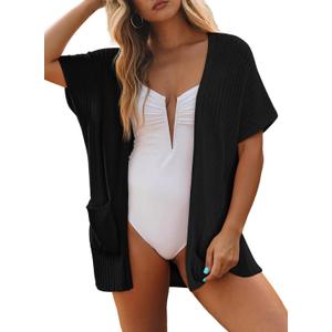 SHEWIN Womens Short Sleeve Summer Cardigan Sweaters Lightweight Open Front Pleated Cover Ups Beach Vacation Clothes for Women (Small)