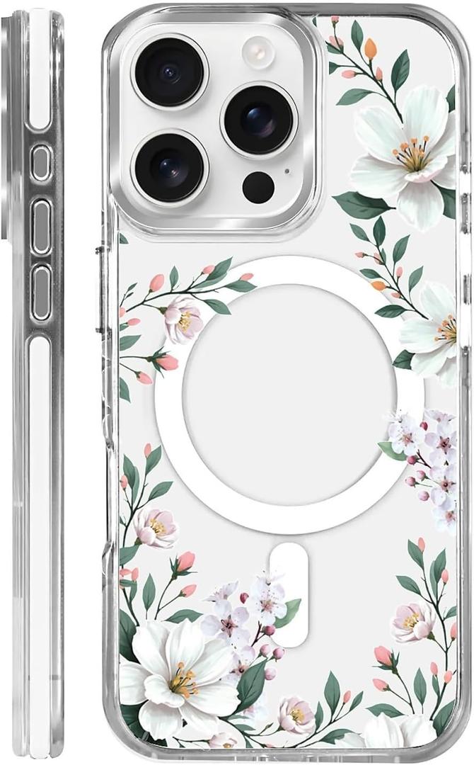 for iPhone 16 Pro Case Compatible with Magsafe,Clear Aesthetic Design Cute for Girls Women,Anti-Drop Protective Hard Phone Case for iPhone 16 Pro-White Magnolia