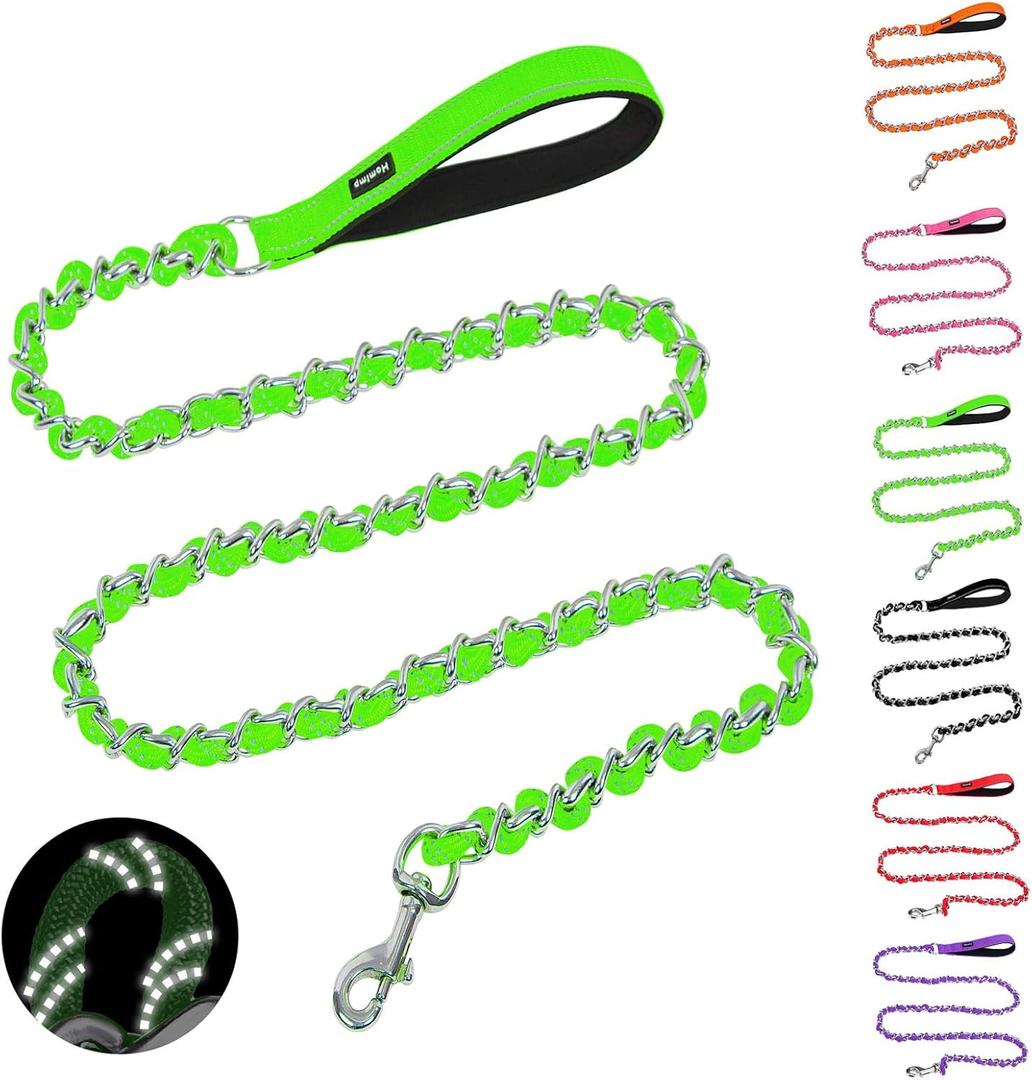 HOMIMP Chew Proof Dog Leash for Medium Large Dogs, Reflective 6 FT Heavy Duty Metal Chain Dog Leashes with Soft Padded Handle, Anti Bite Durable Rope Leashes for Pitbull, Non Chewable (Green)