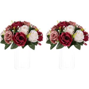 NUPTIO Artificial Flower Centrepieces for Tables - 2 Pcs Burgundy & Dusty Rose & Creamy White Fake Flowers Roses Balls 9.5in Diameter - Silk Faux Rose Arrangement for Wedding Party Table Decor