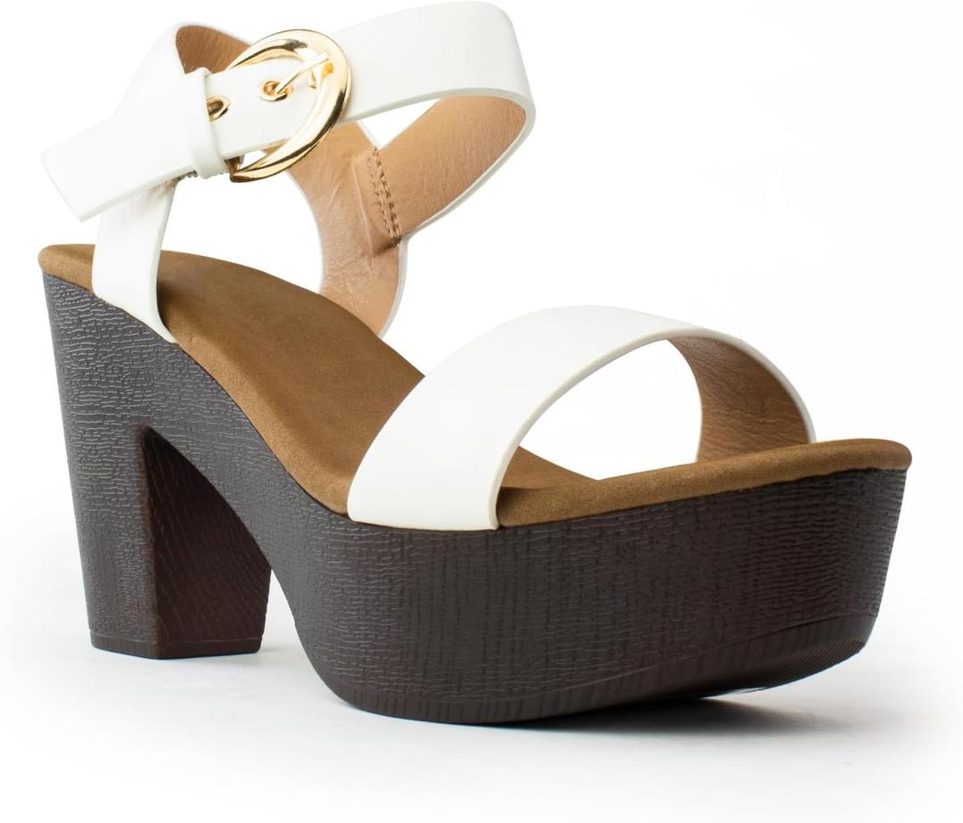 RF ROOM OF FASHION Women's Peep Toe Single Band Ankle Strap Platform Chunky Heel Mule Sandals (WHITE, Size 9)