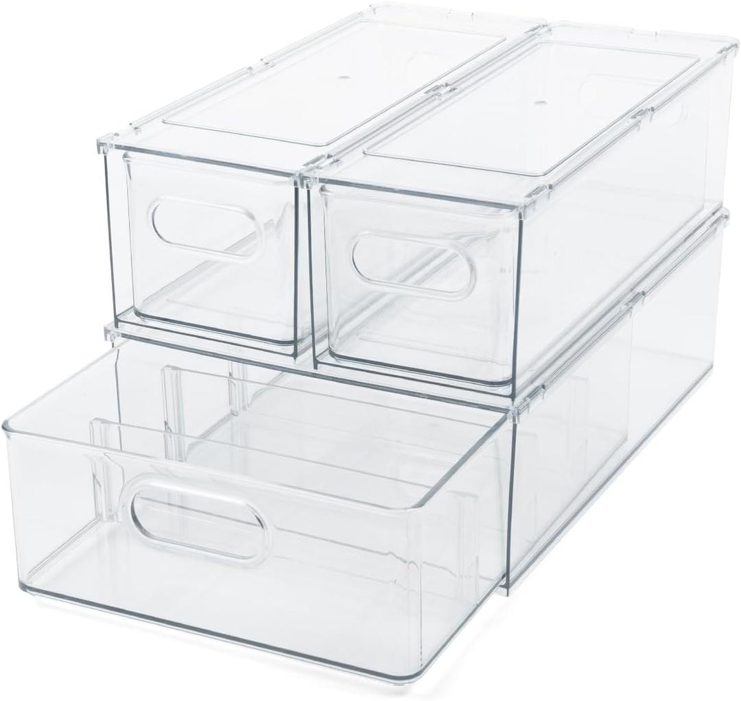 Clear Refrigerator Organizer Bins For Pantry Organization and Food Storage, Stackable Plastic Storage Bin With Pull-Out Drawer  Kitchen Containers, 3 Pack