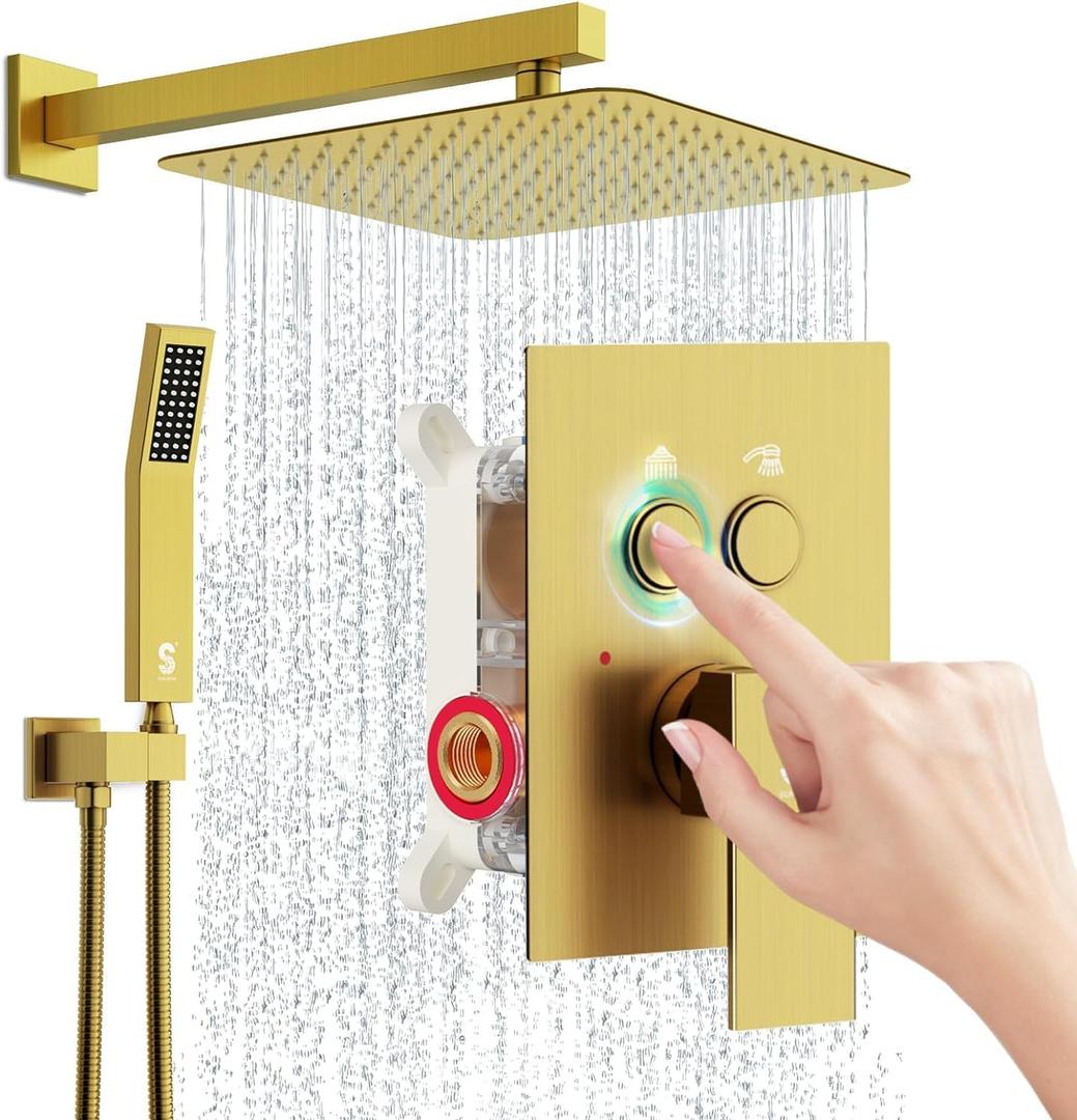 SR SUN RISE Shower System with Push Button Diverter Bathroom Luxury 12 Inch Rain Shower Head with Handheld Spray, High Pressure Shower Faucet Combo Set with Rough-in Valve & Trims, Brushed Gold