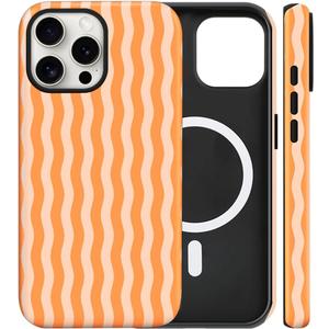 Magnetic for iPhone 16 Pro Case Cute Wavy Stripes Phone Case, Shockproof Slim TPU and Hard PC Protective Phone Cover Compatible with MagSafe Designed for Women Girls, Orange