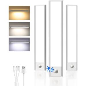 Under Cabinet Lighting Wireless,Rechargeable Battery Motion Sensor Light Indoor,LED Closet Lights USB Charging,3 Color Dimmable Under Cabinet Lights for Kitchen, Cabinet, Wardrobe (3 Pcs) 8inch