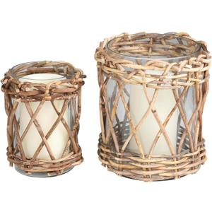 Deco 79 Glass Handmade Candle Holder with Brown Rattan Woven Exterior, Set of 2 10", 8" H, Clear