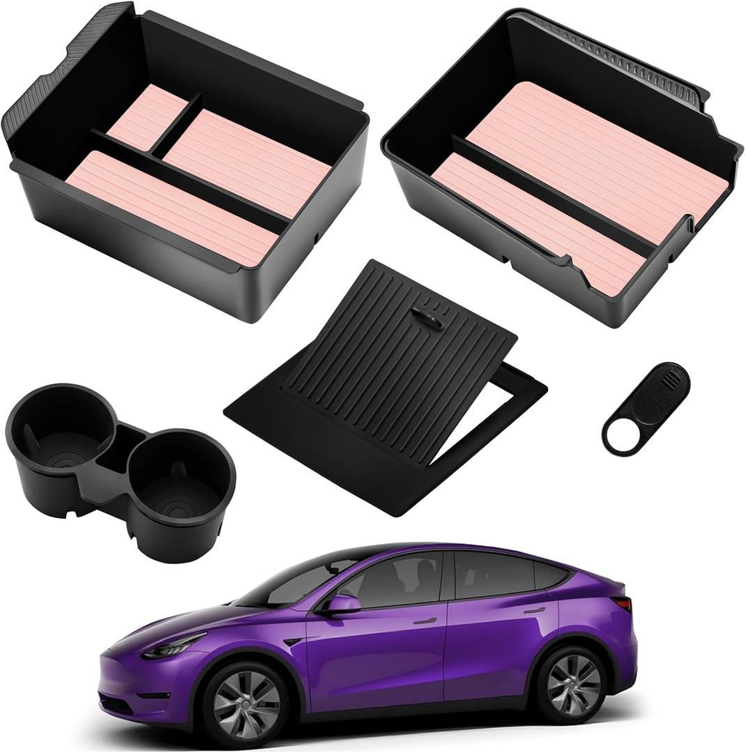 2025 Upgrade Center Console Organizer Tray for Tesla Model Y Accessories 2024-2020/For Tesla Model 3 Accessories 2023-2021 [Slide Smoothly/US Patent] Cup Holder Pink
