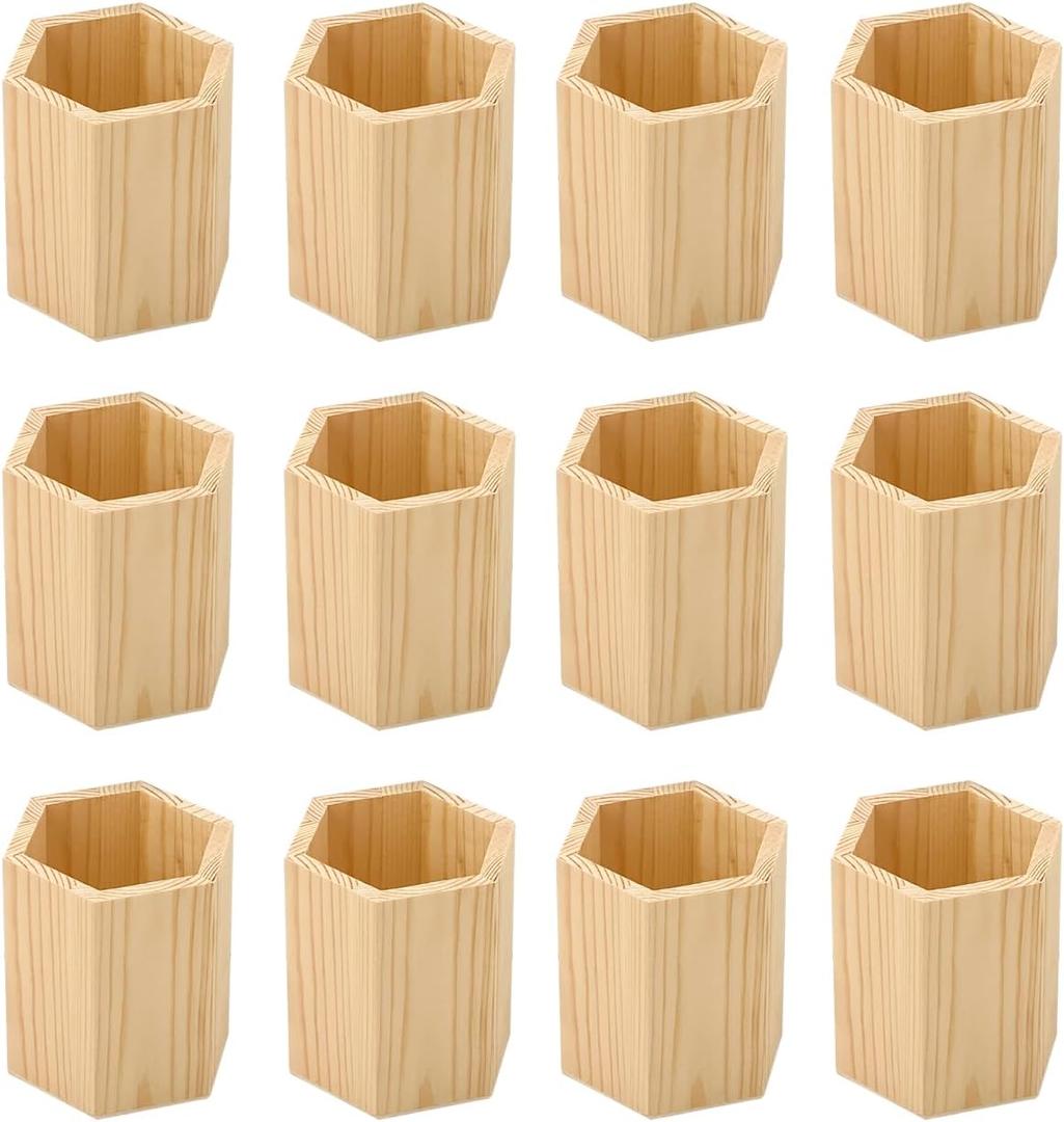 12 Pieces 4 Inch Wooden Pen Holder Hexagon shaped Unfinished Wood Pencil Holder for DIY Crafts (3x3x4 Inches)