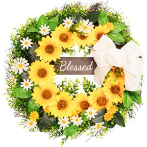 Front Door Wreath Sunflowers and Daisies, 20" Spring Wreaths for Front Door, Wreaths for Front Door w/Long Door Hook, Optional Reversible Welcome and Blessed Sign Spring Wreath, Front Door Decor