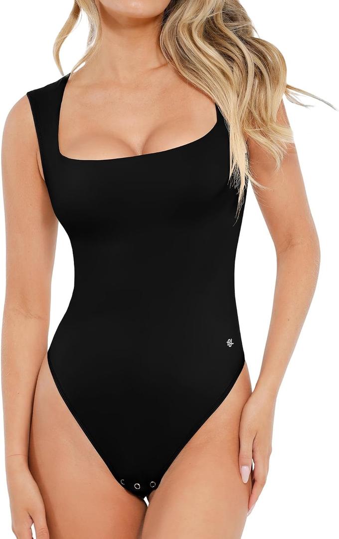 Popilush Bodysuits for Women - Sleeveless Square Neck Thong Bodysuit Tummy Control Double Lined Going Out Corset Tops, Black, Large 