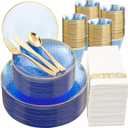 DaYammi 350PCS Clear Blue Gold Plastic Dinnerware Set for 50 Guests, Hammered Disposable Plates for Party, Include: 50 Dinner Plates, 50 Dessert Plates, 150 Gold Silverware, 50 Napkins, 50 Cups