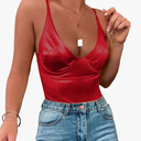 Velius Women's Sexy Metallic Shiny Bodysuit Tank Tops for Night Club Going Out Size -XXL, Red 