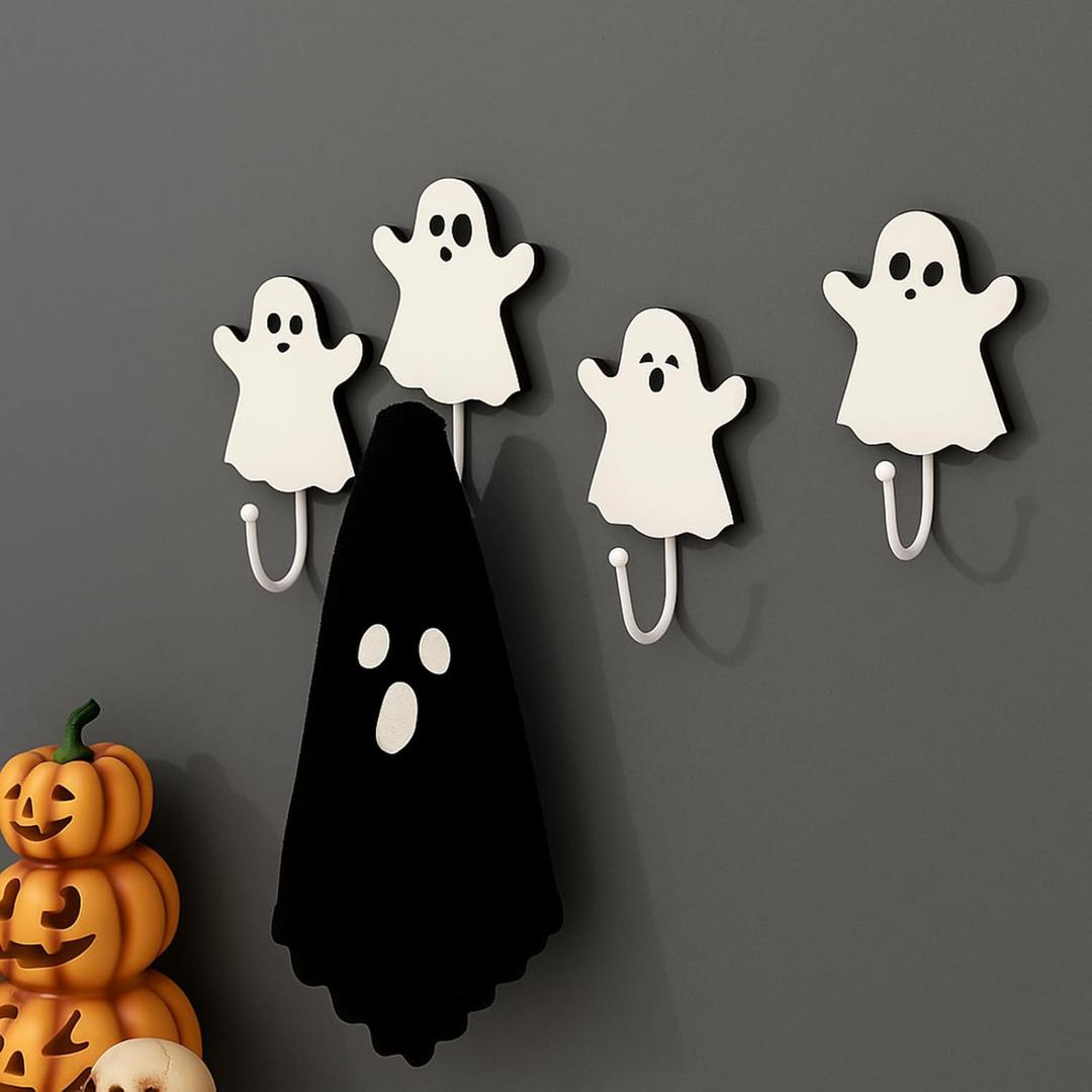 Weysat 4 Pcs Halloween Ghost Wall Hooks White Ghost Key Holder for Wall Decor Spooky Bathroom Decorative Hook Hangers for Halloween Living Room Bathroom