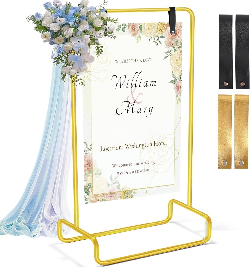 Wedding Welcome Sign Holder Personalized, 68"x32"x16.5" Gold Welcome to Our Wedding hanging Sign Holder with Leather Sign Straps, Easel Stand for Sign, Adjustable Wedding Seating Chart Stand