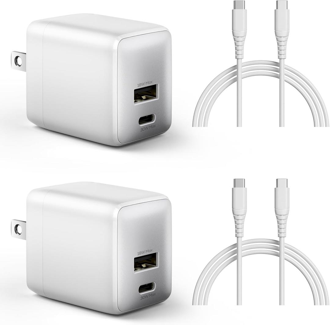 wegear USB C Fast Charging Charger, 30W Dual-Port GaN Nano Charger with Foldable Plug for iPhone 17/16/15 Series, iPad, Galaxy S24 Ultra and More Series, (White, 2 Pack & 2 Cable)