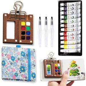 Mini Portable Watercolor Palette Set-Grid Paint Box with Binder Clips Include 12 Colors Paint - Brush*3 and Picture Album Art Materials Coloring Markers for Travel, Creative Drawing Kit for Beginners and Art Enthusiasts((Blue Wood-S)