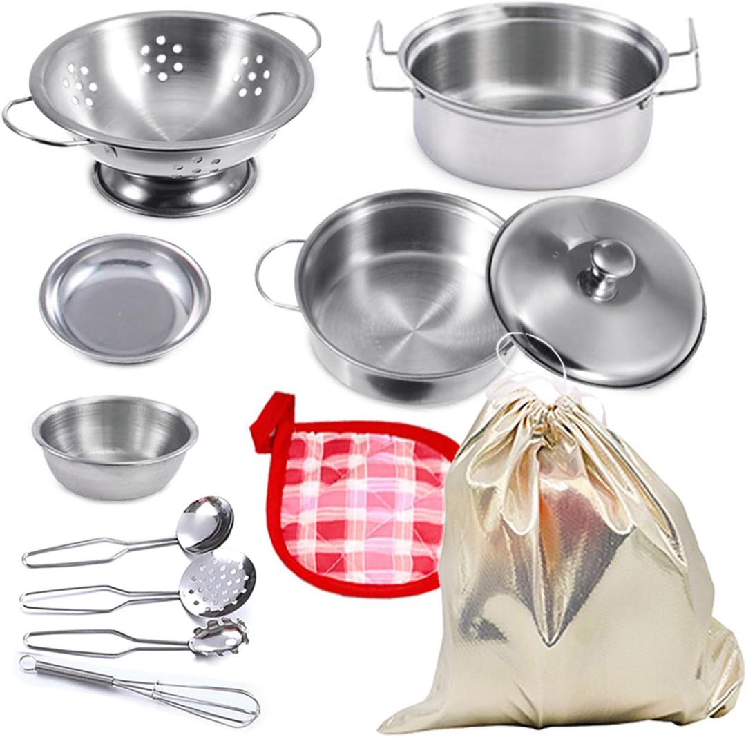 Tiny Size Cooking Pretend Play Kitchen Cooking Toys with Stainless Steel Cookware Play Pots and Pans SetCooking Utensils Cookware Kitchen Play Accessories Toys Cooking Pots for Toddlers Kid (Mini)