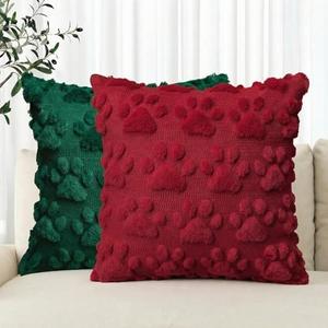 AVOIN colorlife Christmas Pet Dog Paws Throw Pillow Covers, 18 x 18 Inch Red Green Xmas Soft Plush Faux Fur Jacquard Cushion Case Farmhouse Decoration for Sofa Couch Set of 2